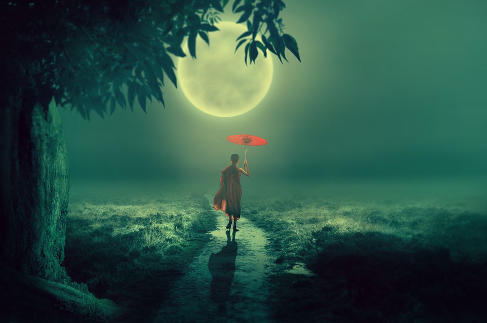 Image of figure walking across field towards moon